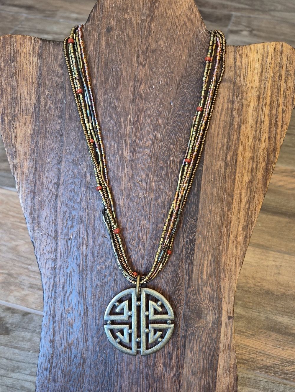 Chico's Sparkly Multistrand Distressed Round Medallion Pendant Beaded Necklace
